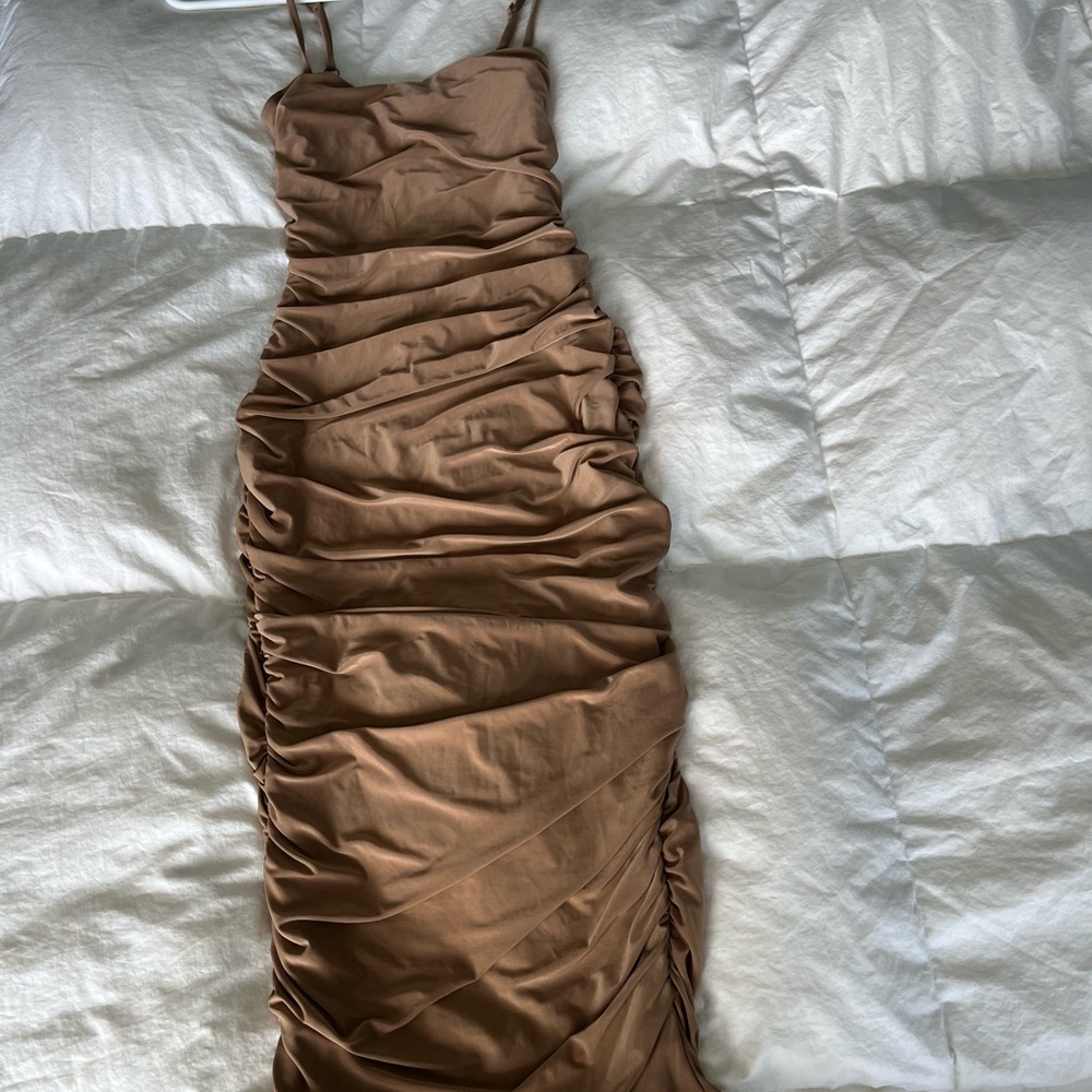 Guess Brown Ruched Bodycon Dress Spaghetti Strap